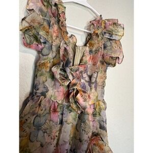 Women's Butterfly Floral High Low Maxi Dress Medium Ruffle Chiffon Formal